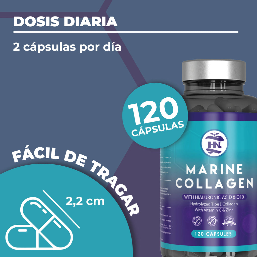 HN Healthy Nutrition Colágeno Marino Hidrolizado con Ácido Hialurónico, Vitamina C, Coenzima Q10, Zinc y Magnesio - 120 Cápsulas - Complemento Alimenticio