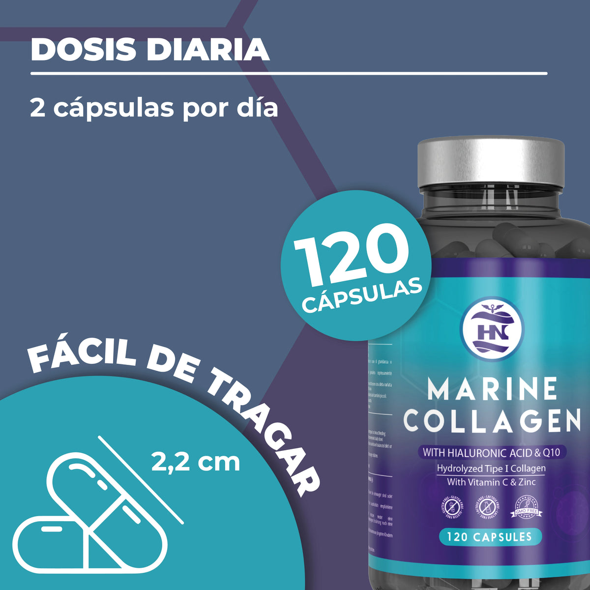 HN Healthy Nutrition Colágeno Marino Hidrolizado con Ácido Hialurónico, Vitamina C, Coenzima Q10, Zinc y Magnesio - 120 Cápsulas - Complemento Alimenticio