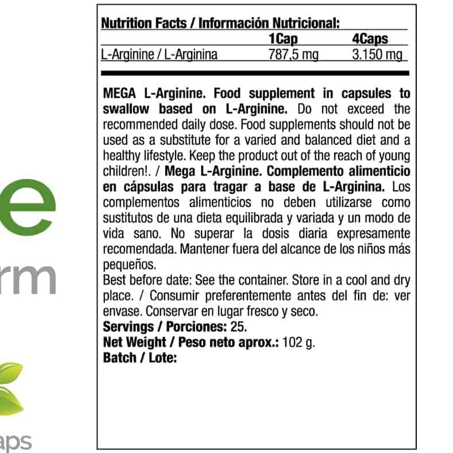 Quamtrax Nutrition Mega L-Arginine – 100 cápsulas | L-arginina libre 3 150 mg por dosis