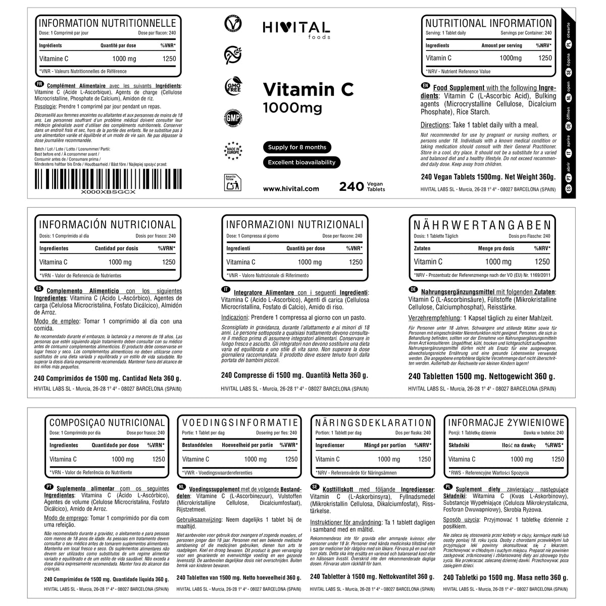 Vitamina C 1000 mg | 240 comprimidos veganos. Hivital