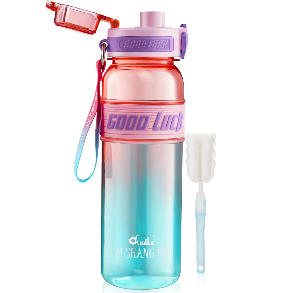 Botella de Agua “GOOD LUCK” con Pajita y Tapa Hermética – 1 L Reutilizable, Libre de BPA, con Esponja de Limpieza Incluida – Varios Colores