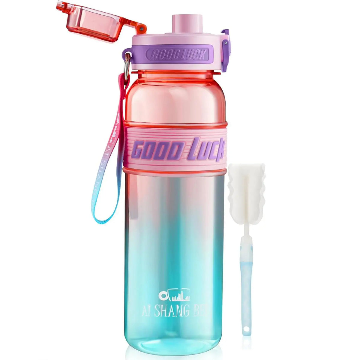 Botella de Agua “GOOD LUCK” con Pajita y Tapa Hermética – 1 L Reutilizable, Libre de BPA, con Esponja de Limpieza Incluida – Varios Colores