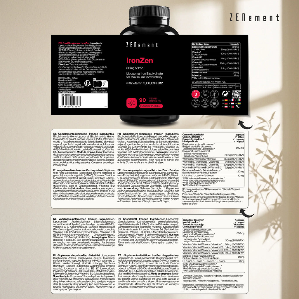 IronZen 30 mg de Hierro con Vitamina C, B6, B9 y B12 - Zenement