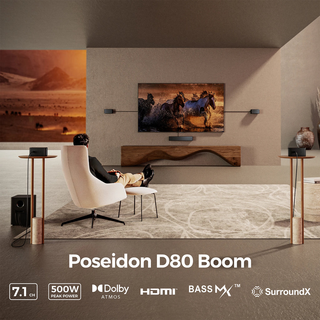 ULTIMEA Poseidon D80 Boom Barra de Sonido 7.1 con Dolby Atmos para TV, 4 Altavoces Surround, Subwoofer Inalámbrico de 6,5", HDMI eARC y Control por App