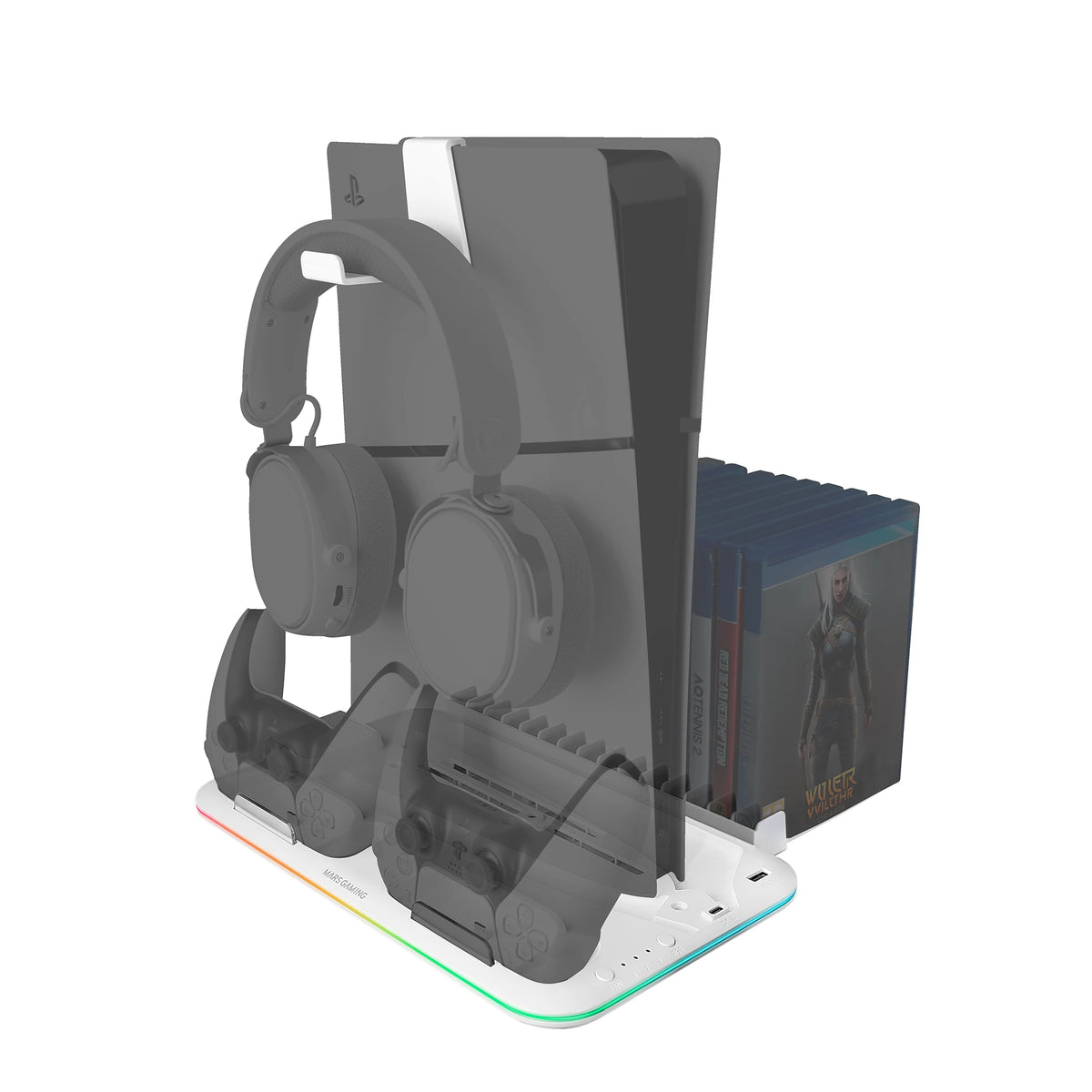 Soporte Mars Gaming MPS5-B2 RGB para PS5 Slim estándar y digital, 1 ventilador, cargador dual de mandos, soporte para PS5 con iluminación RGB neón, organizador de videojuegos + soporte para auriculares, base de soporte blanca para PS5