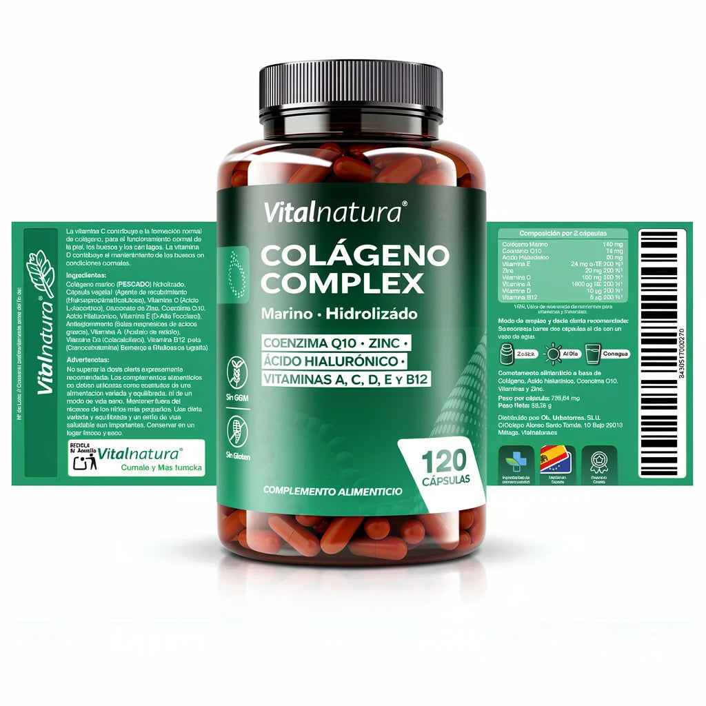 Colágeno Complex Marino Hidrolizado Vitalnatura con Ácido Hialurónico y Vitaminas – 120 Cápsulas - Pack Dúo Ahorro (2 botes)