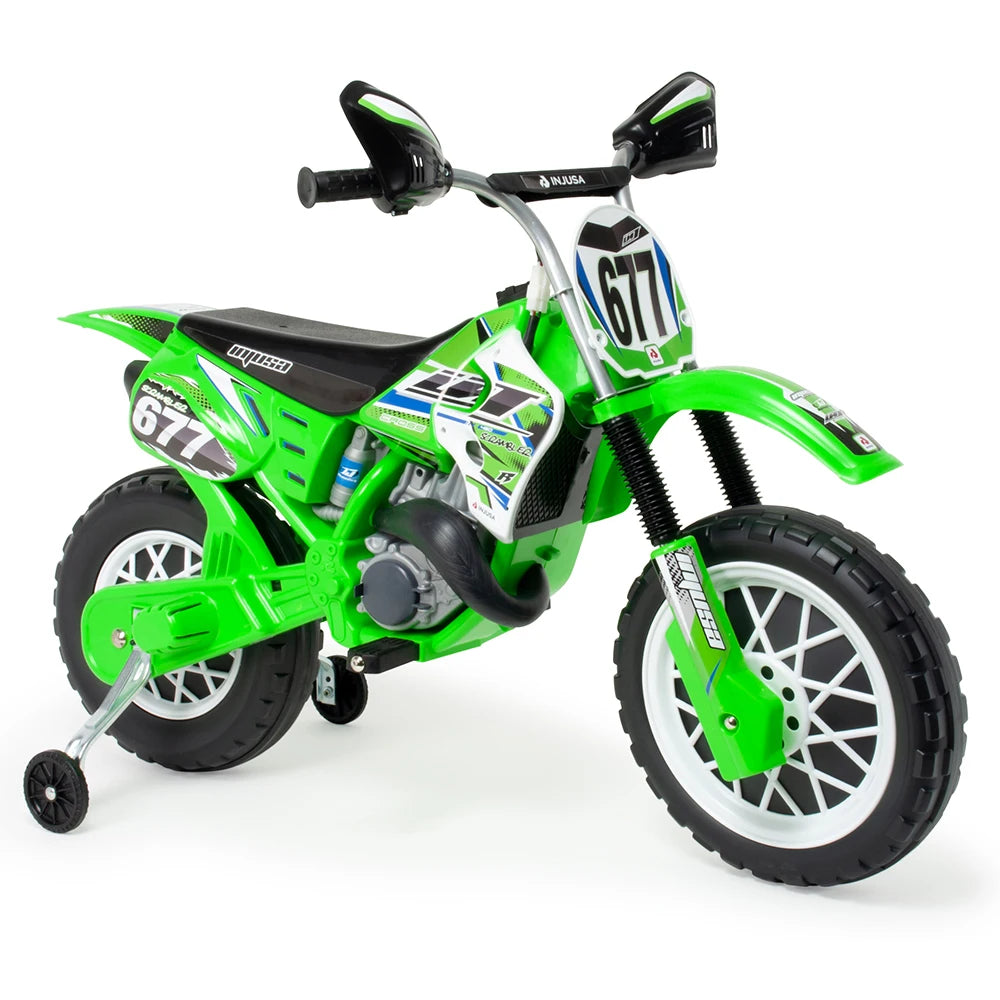 Injusa - cross cr children's electric motorcycle |   Battery motorcycle for children from 3 to 6 years |   6v battery |   Grip throttle |   Eva rubber bands on wheels |   Stabilizing wheels |   Max speed 6 km/h |   Green and