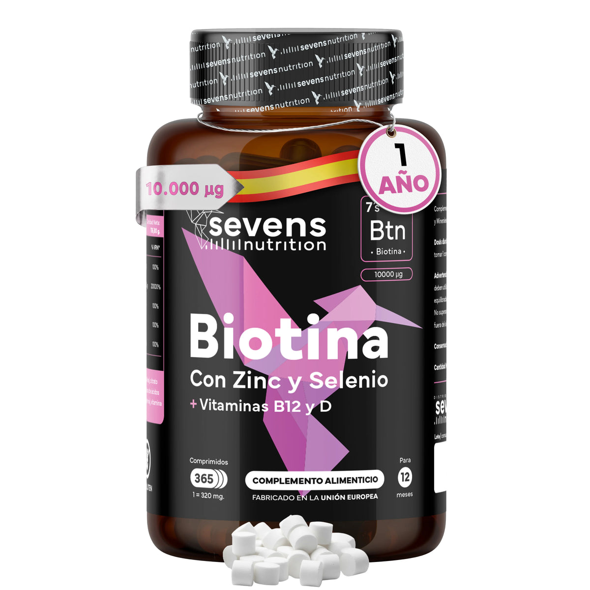Biotina 10.000 mcg – Suministro para 1 año - Con Zinc, Selenio y Vitaminas B12 y D – 365 Comprimidos – Sevens Nutrition