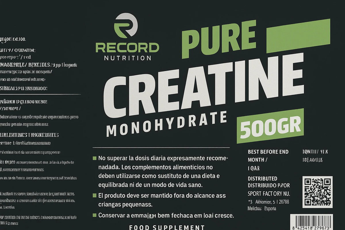 RECORD NUTRITION - Creatina Monohidrato Creapure® de máxima pureza para rendimiento físico, recuperación post-entreno y mejora de potencia muscular en nutrición deportiva