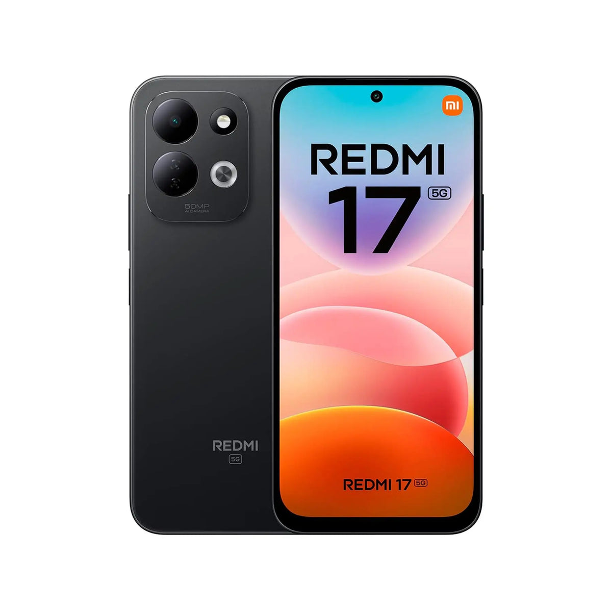 Xiaomi Redmi 17 5G smartphone in black with 6.9" HD screen, 4GB RAM, 128GB storage, Snapdragon 4 Gen 5 processor, 50MP camera, 7500mAh battery, 5G support, and fast charging.