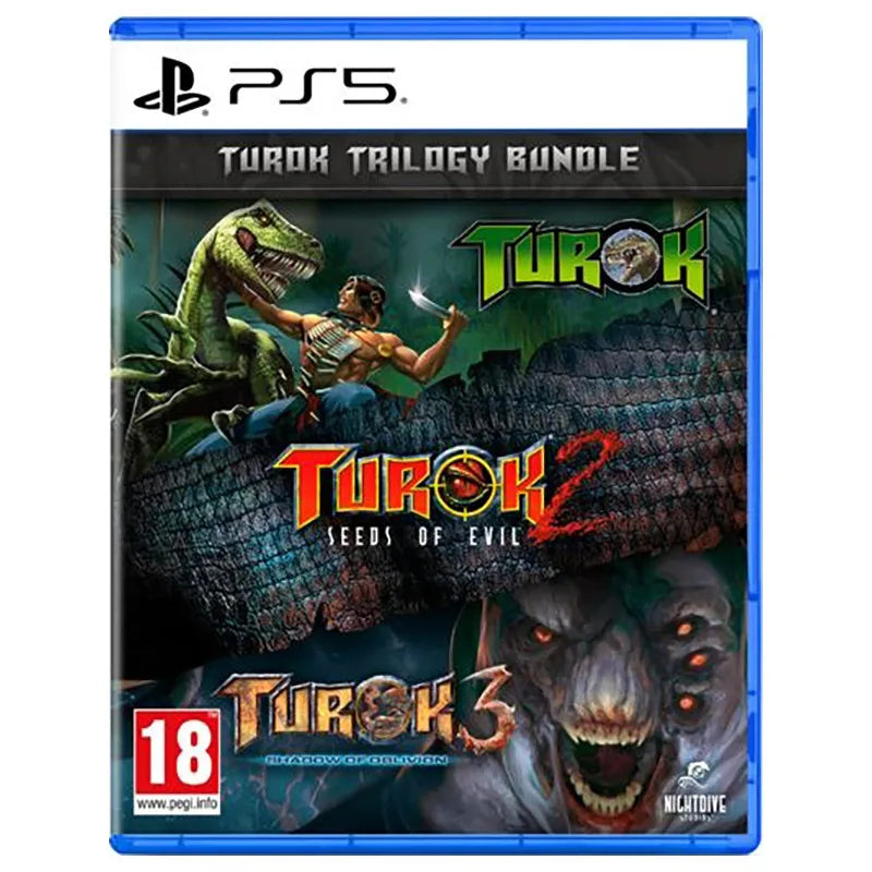 Turok Trilogy Bundle - PS5 Game - Three remastered games including Turok, Turok 2, and Turok 3, with enhanced graphics, updated controls for DualSense, and Spanish subtitles, fully compatible with PS5.