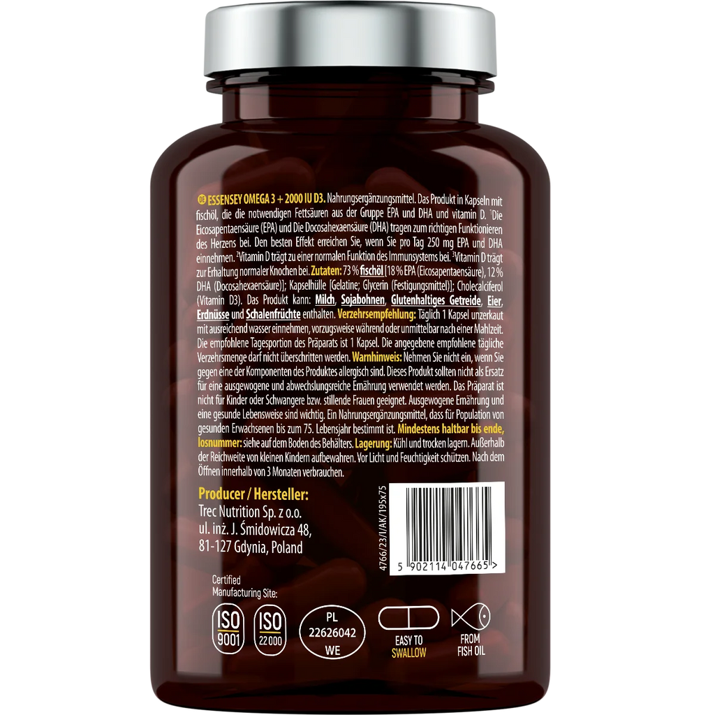 Omega 3 + Vitamina D3 2000 IU – ESSENSEY – 90 Cápsulas | Ácidos Grasos EPA/DHA para Corazón, Cerebro y Defensas