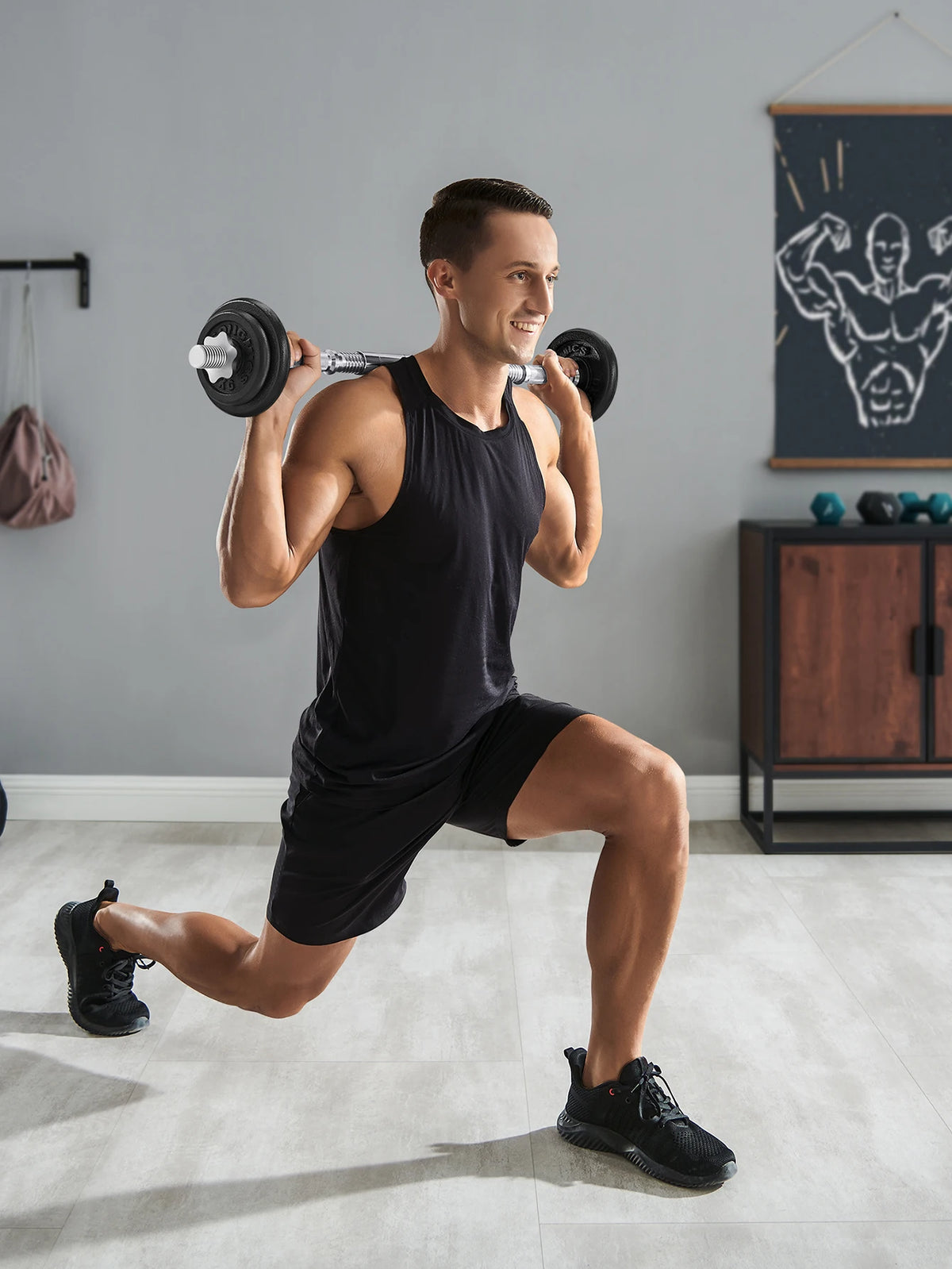 SONGMICS Juego de Mancuernas Ajustables de Hierro Fundido, con Barra Adicional,para Hombres y Mujeres, Entrenamiento de Fitness, Levantamiento de Pesas en el Gimnasio de casa