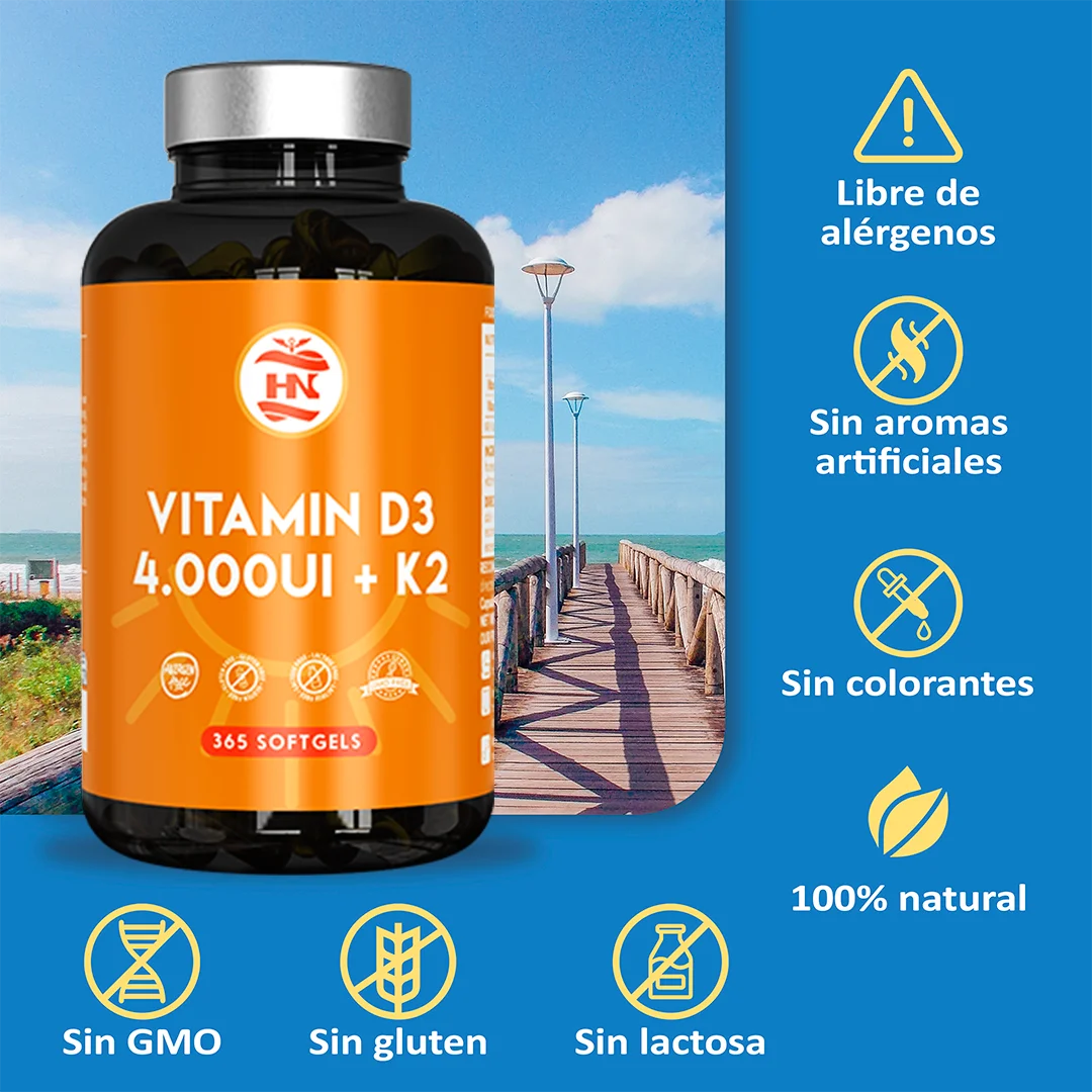 Vitamina D3 + K2 - 365 Cápsulas - Vitamina D3 4000 UI (100 µg) con Vitamina K2 MK-7 - Complemento Alimenticio