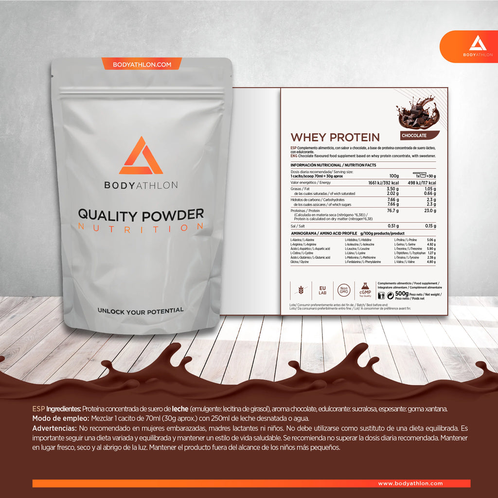 Whey Protein Chocolate– Proteina en Polvo Chocolate- Proteina para Ganar Masa Muscular– Proteina de Suero de Leche- Proteina para Masa Muscular- Sin lecitina de soja- Apta para Vegetarianos- Bodyathlon