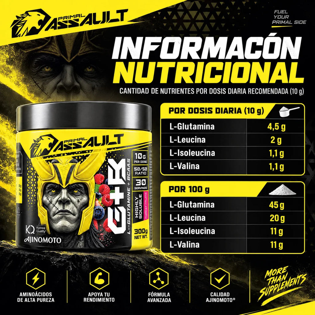 PRIMAL ASSAULT | BOTELLA L-Glutamina + BCAA en Polvo, 300 g, Frutos del Bosque