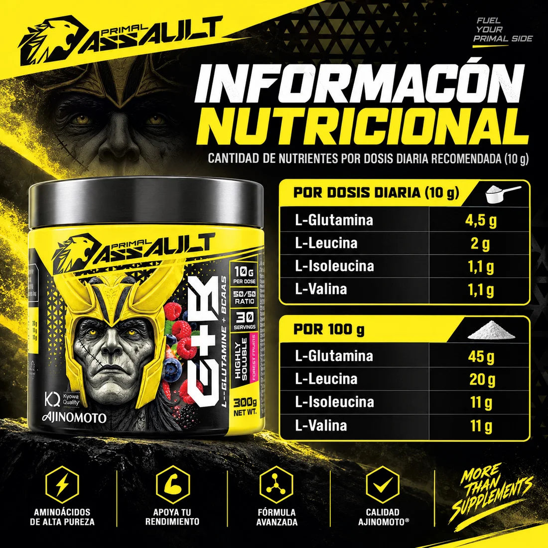 PRIMAL ASSAULT | BOTELLA L-Glutamina + BCAA en Polvo, 300 g, Frutos del Bosque