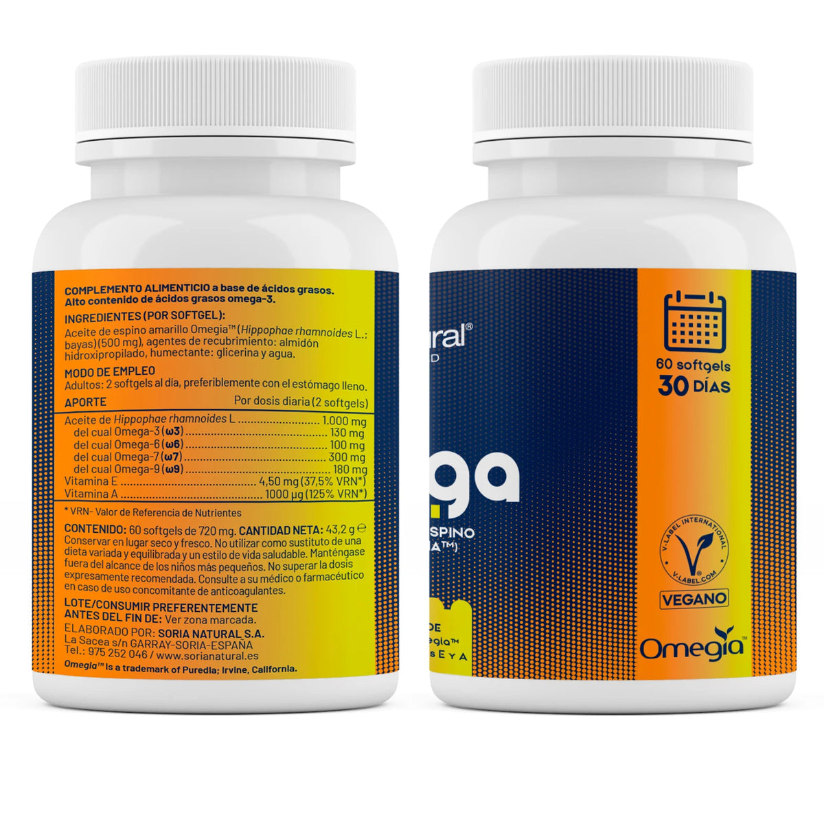 Omega-7 con Omegia Soria Natural – Aceite de Espino Amarillo con Omega 3, 6, 7 y 9 - Con Vitaminas E y A - 60 Perlas