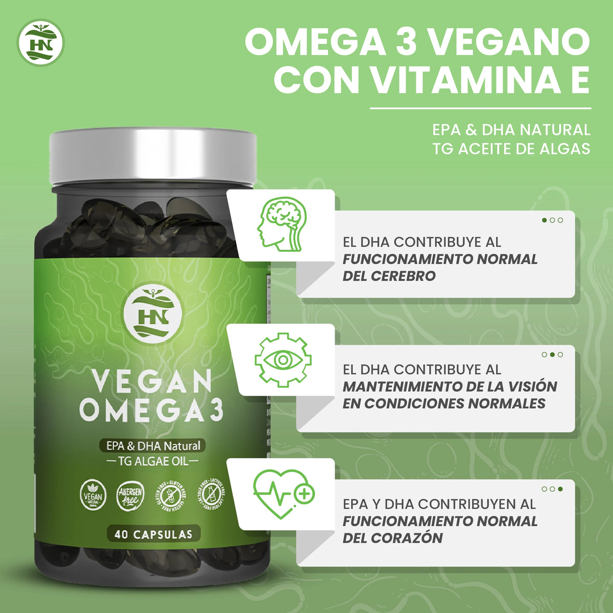 HN Healthy Nutrition Omega 3 Vegano (Aceite de Algas) EPA & DHA - 40 Cápsulas Blandas - Complemento Alimenticio