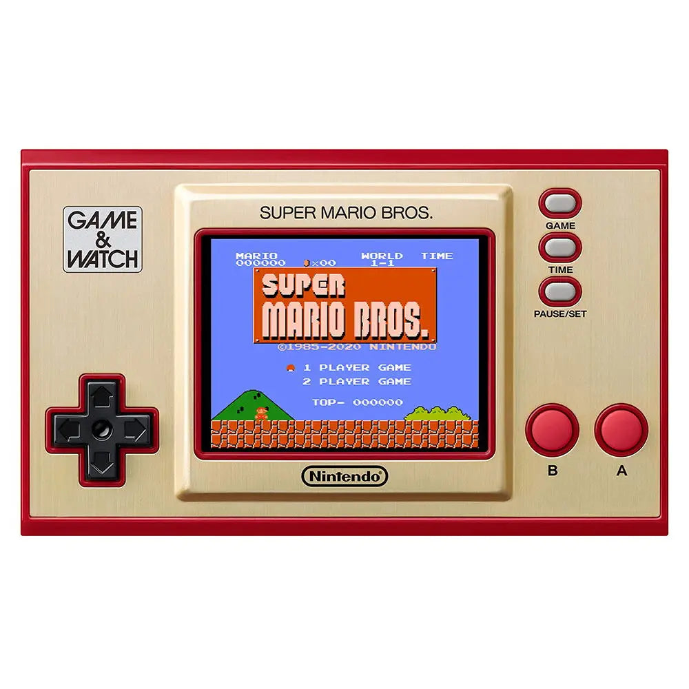 Play Super Mario Bros. with Game & Watch console, featuring additional controller, digital clock with 35 animations, includes Super Mario Bros., The Lost Levels, and Ball games for 1-2 players, ideal retro games console.