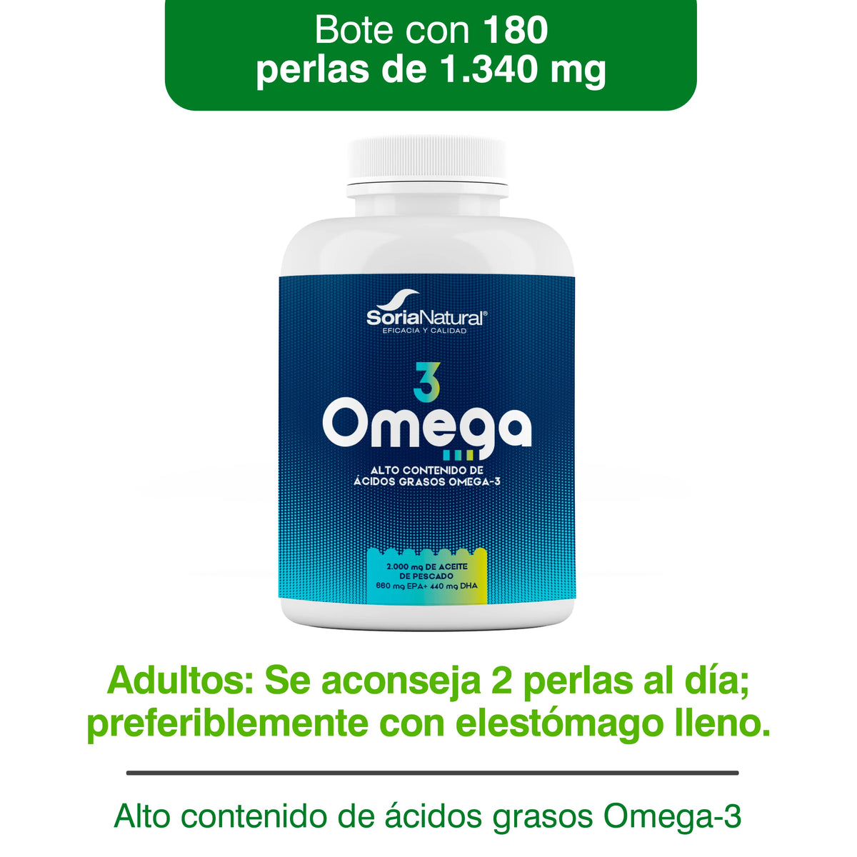 Omega-3 con EPA y DHA Soria Natural - Aceite de pescado - Alto Contenido en Ácidos Grasos Omega 3 - Salud Cardiovascular - Bienestar diario - 180 perlas de 1340 mg