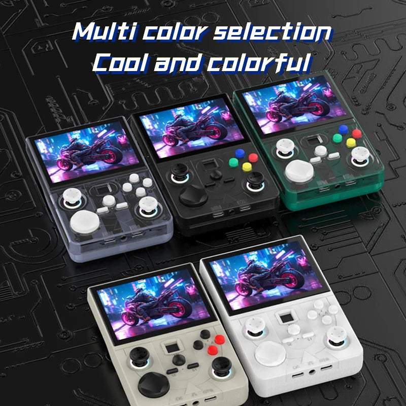 Consolas portátiles retro en varios colores, cada una con pantalla y controles