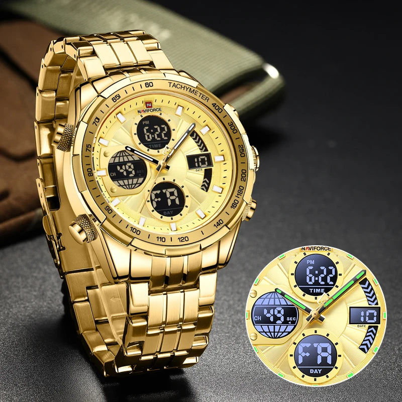 Top Luxury NAVIFORCE Men's Watch Dold Dial Quartz Double Military Time Sports Watch Steel Belt Waterproof Luminous Alarm Clock