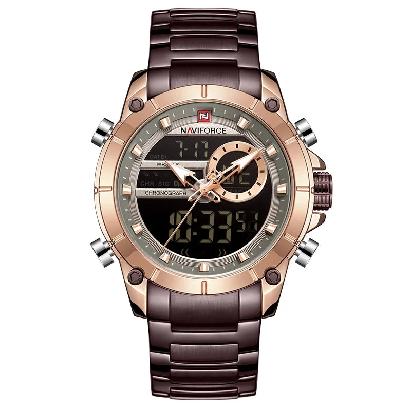 Reloj deportivo militar de lujo para hombre NAVIFORCE, totalmente de acero, resistente al agua, con doble pantalla digital y analógica