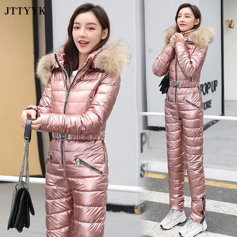 Traje de esquí de una pieza para mujer, chaquetas de invierno, Parka con capucha, mono de algodón para mujer, monos con fajas, monos con cremallera, chándales