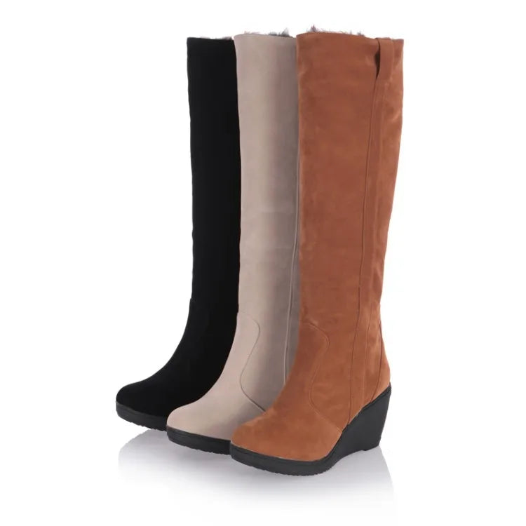 Moda clásica de invierno, botas de piel para mantener el calor, tacones altos para mujer, botas de nieve hasta la rodilla con plataforma, zapatos de cuña de piel cálidos para mujer