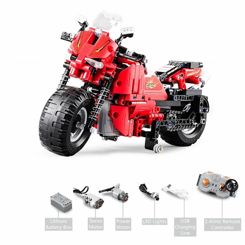 Bloques de construcción motocicleta de control remoto de alta imitación con amortiguador de resorte y luces LED, juguetes de ensamblaje para niños