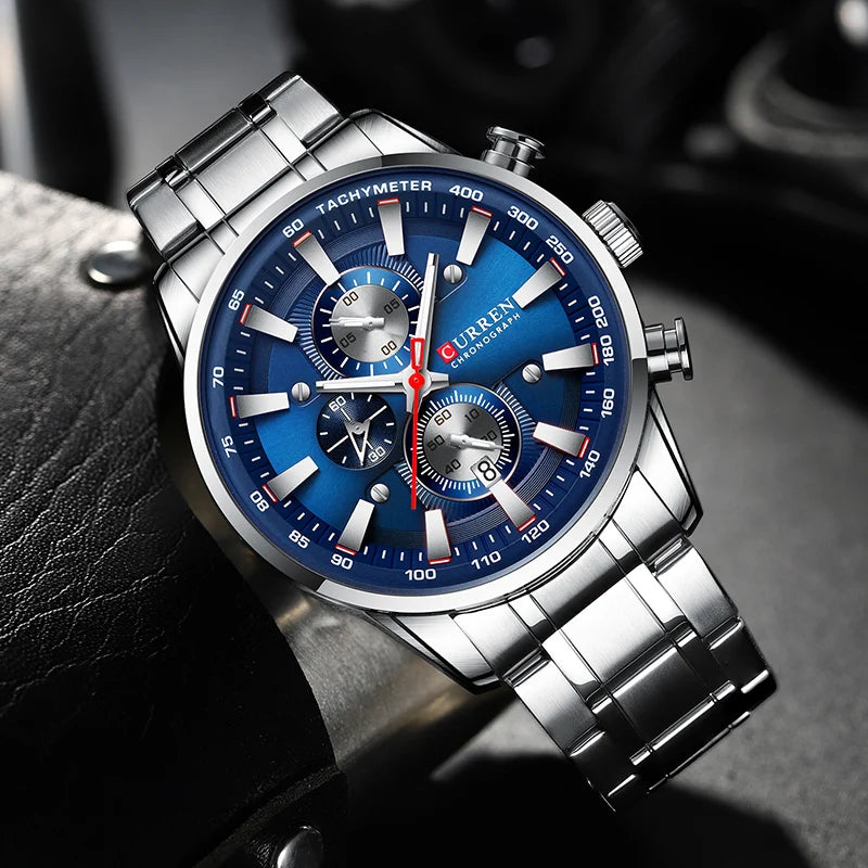 Reloj Curren para hombre, marca de lujo de alta gama, esfera grande, reloj de cuarzo azul, cronógrafo deportivo, reloj de pulsera para hombre, de acero inoxidable con fecha