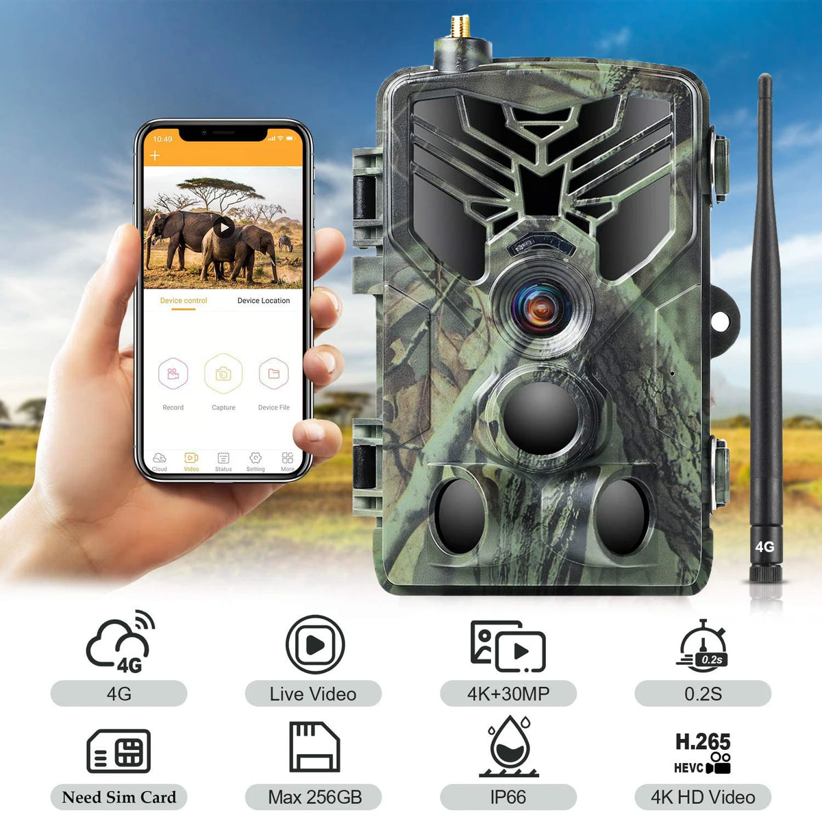 Cámara de rastreo con aplicación de vídeo en vivo 4K, servicio en la nube, cámaras de caza de Vida Silvestre, transmisión multimedia 4G, inalámbrica, visión nocturna de 30MP, HC810PRO