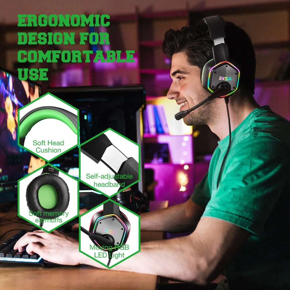 Audífonos gaming con micrófono y aro verde, diadema ajustable y almohadillas suaves