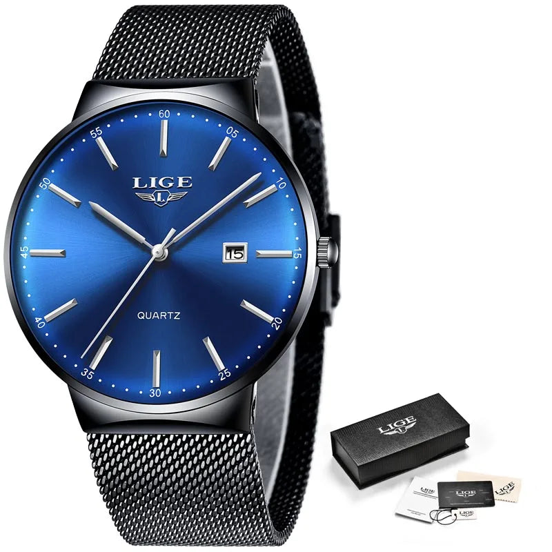 LIGE 2025 Reloj de cuarzo azul para hombre, marca de lujo, reloj de pulsera deportivo impermeable para hombre