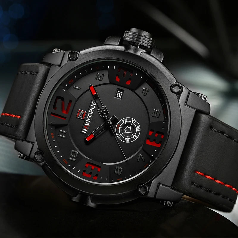Relojes deportivos militares NAVIFORCE para hombre, originales, resistentes al agua, con visualización de día y fecha, correa de cuero, reloj masculino