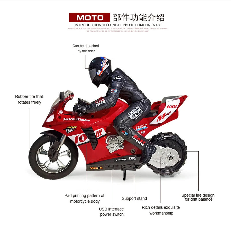 Motocicleta de control remoto de simulación, sistema de equilibrio autoestabilizador, conducción acrobática, rotación in situ, luz genial, coche RC para niños