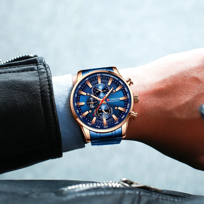 Reloj Curren para hombre, marca de lujo de alta gama, esfera grande, reloj de cuarzo azul, cronógrafo deportivo, reloj de pulsera para hombre, de acero inoxidable con fecha