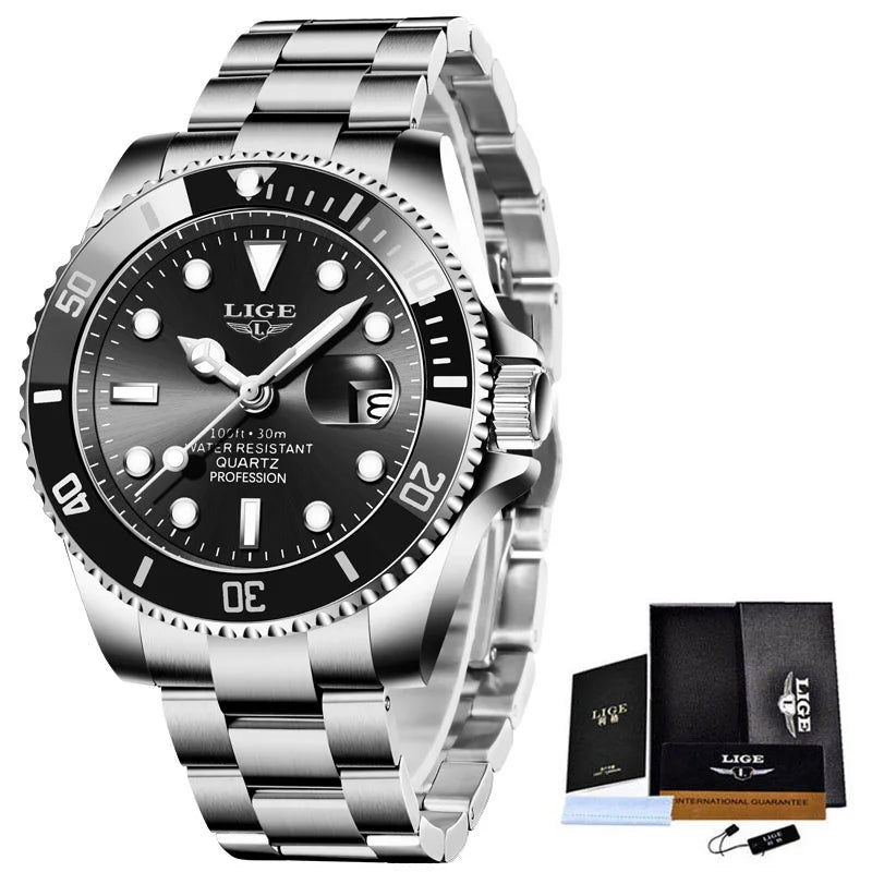 Reloj de pulsera deportivo para hombre LIGE, de cuarzo, marca de lujo, estilo buceo, resistente al agua 30ATM, con calendario.