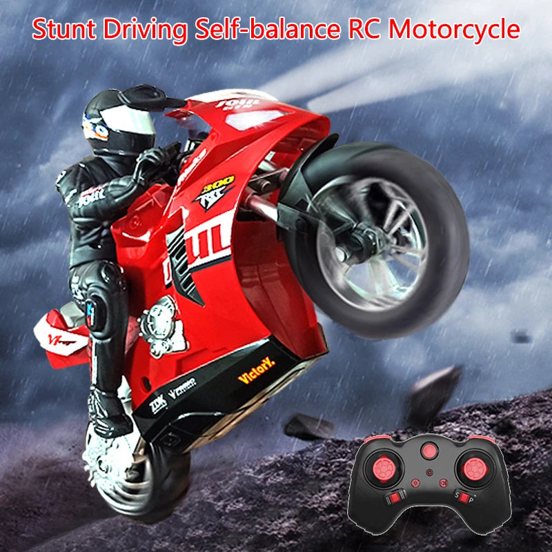 Motocicleta de control remoto de simulación, sistema de equilibrio autoestabilizador, conducción acrobática, rotación in situ, luz genial, coche RC para niños