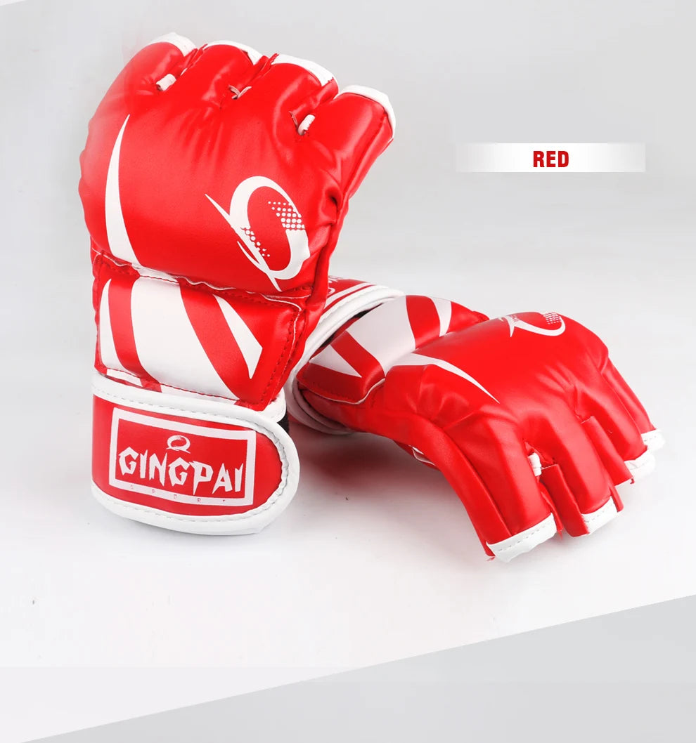GINGPAI-guantes de boxeo MMA para hombre, guantes de entrenamiento Sanda Muay Thai de medio dedo, guantes de combate de medio dedo, Material PU de Taekwondo