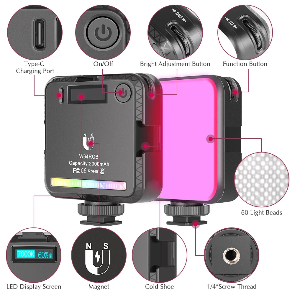 Luz de Video LED Magnética SH W64 RGB para Fotografía, Luz de Cámara de 2500-9000K y 2000mAh con Efecto Difusor, Luz de Relleno para Vlog