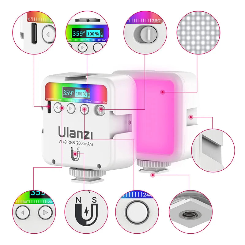 Ulanzi VL49 Luz LED RGB para Cámara, Video 2500K-9000K 800LUX, Mini Luz de Relleno Magnética con 3 Soportes de Zapata Fría, 2000mAh Tipo-C para YouTube