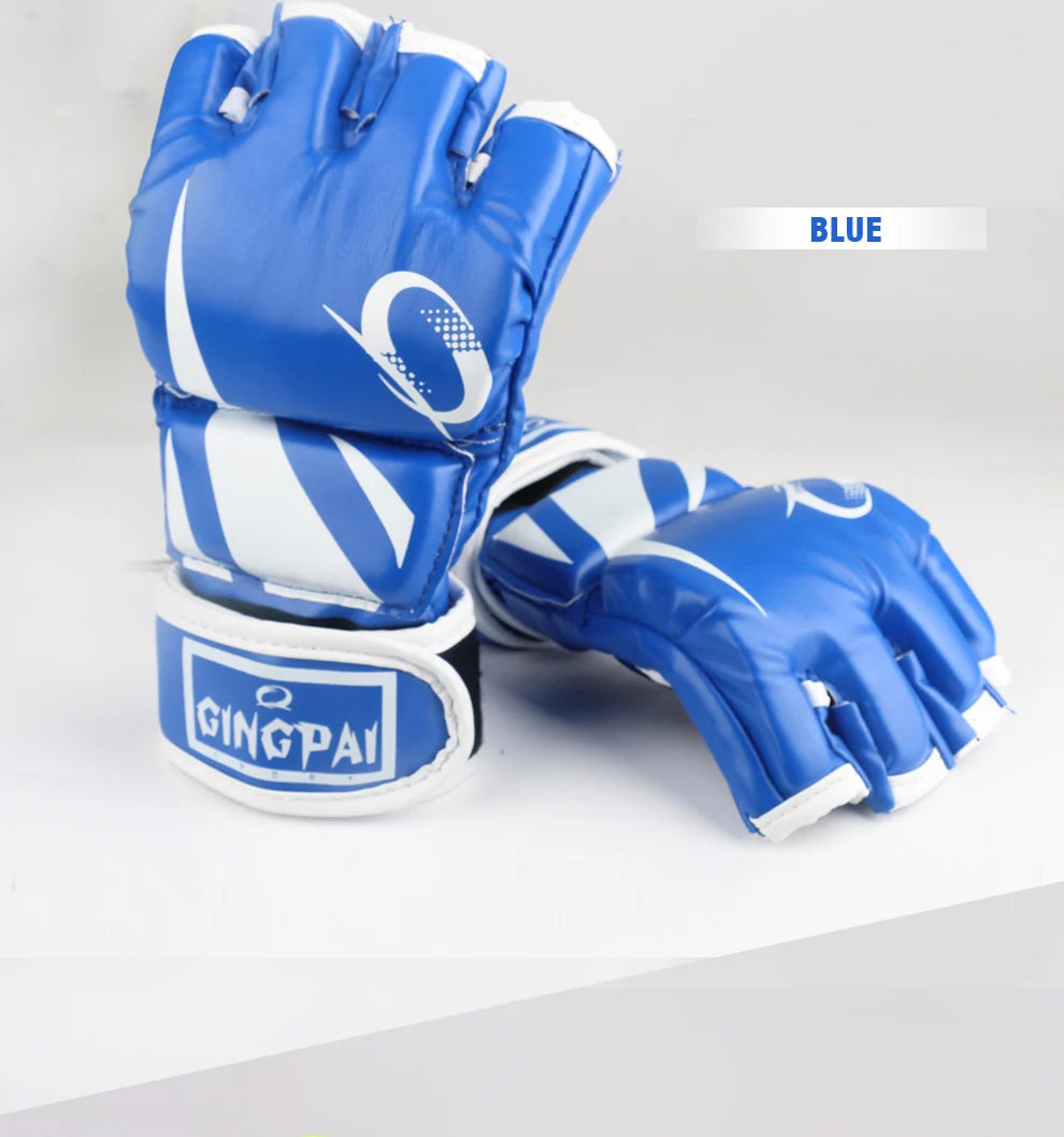 GINGPAI-guantes de boxeo MMA para hombre, guantes de entrenamiento Sanda Muay Thai de medio dedo, guantes de combate de medio dedo, Material PU de Taekwondo