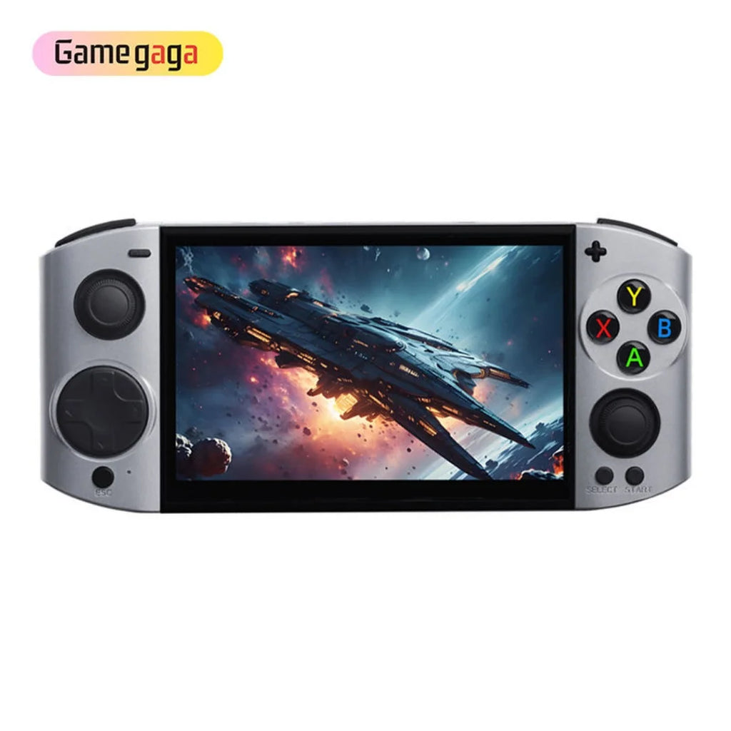 Consola de videojuegos portátil gris con pantalla de 5,1" y controles analógicos