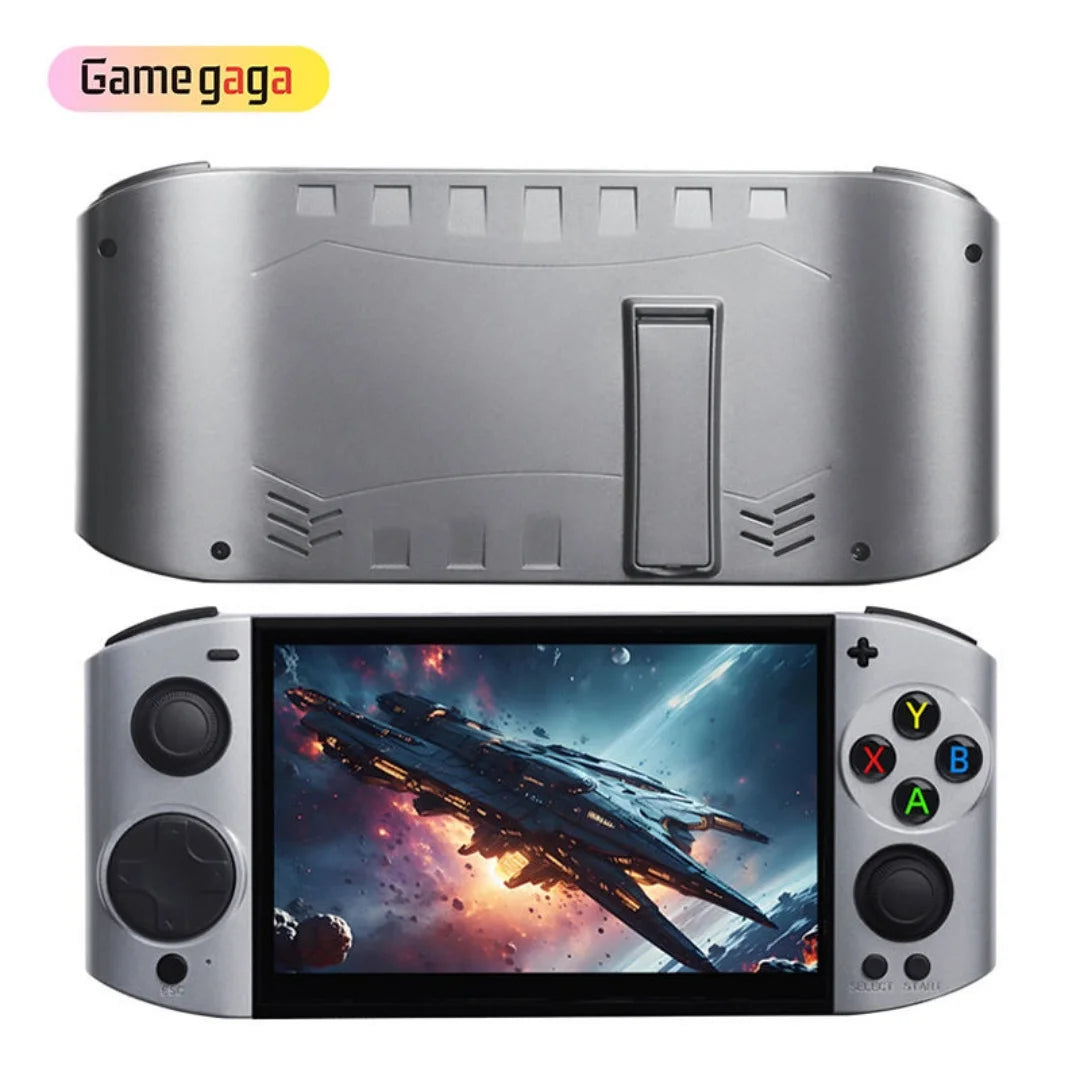 Consola portátil gris trasera con ranuras y consola con pantalla y cruceta