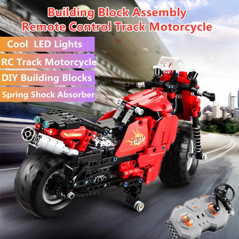 Bloques de construcción motocicleta de control remoto de alta imitación con amortiguador de resorte y luces LED, juguetes de ensamblaje para niños