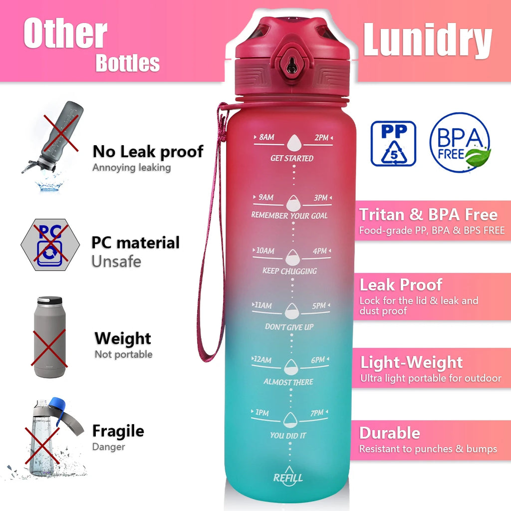 Botellas de agua Lunidry de 1 litro con marcador de tiempo de paja, jarra de agua motivacional, sin BPA, a prueba de fugas, de gran capacidad, para exteriores