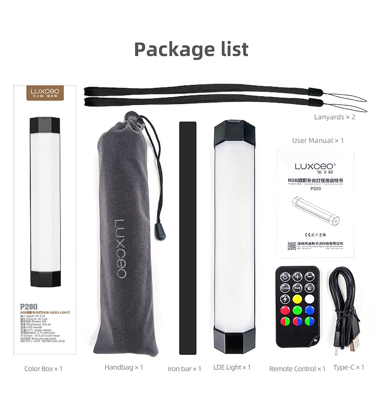 LUXCEO-luces de vídeo P200, lámpara de Control por aplicación de tubo RGB IP67, palo de iluminación LED para fotografía a prueba de lluvia para Tiktok/Vlog/grabación en vivo