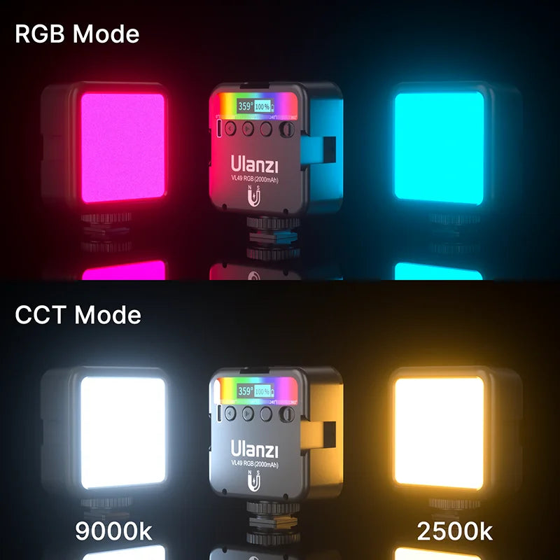Ulanzi VL49 Luz LED RGB para Cámara, Video 2500K-9000K 800LUX, Mini Luz de Relleno Magnética con 3 Soportes de Zapata Fría, 2000mAh Tipo-C para YouTube